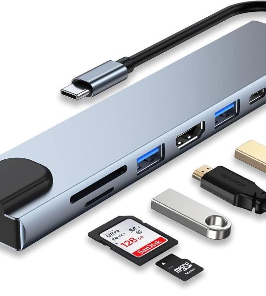 Adaptateur Type USB C, Station d’accueil 8 en 1 avec HDMI, USB 3.0 + 2.0, USB-C 2.0, SD/TF, 4K/30 Hz, PD