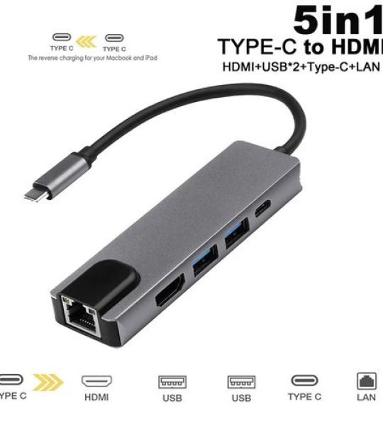 Hub Adaptateur Multiport 5 In 1 Type-C To Hdmi 4K + 2 Usb 3.0 + RJ45 + Type c