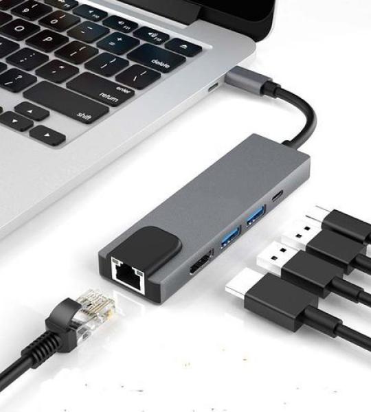 Hub Adaptateur Multiport 5 In 1 Type-C To Hdmi 4K + 2 Usb 3.0 + RJ45 + Type c